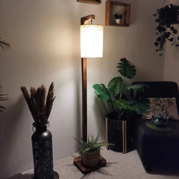 Woodsfurni Wooden Shelf Floor Lamp with Jute Shade and Brown Base