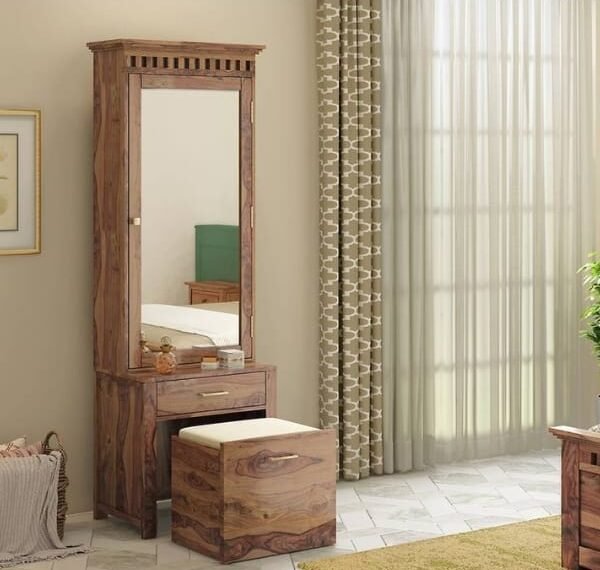 Angela Solid Wood Dressing Table (with Storage Stool) in Teak Finish