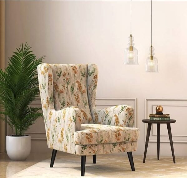 Lorina Floral Fabric Lounge Chair in Mustard Colour