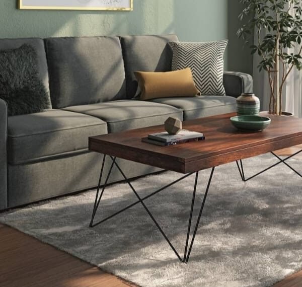Sunday Solid Wood Rectangular Metal Coffee Table in Walnut Finish