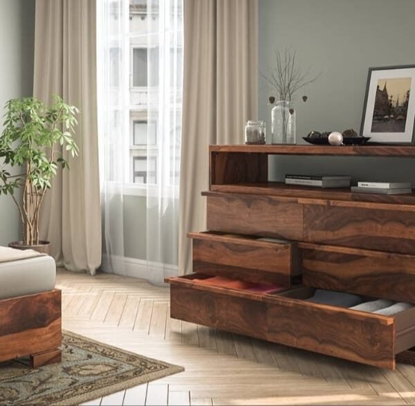 Orio Solid Wood Chest of 6 Drawers in Teak Finish