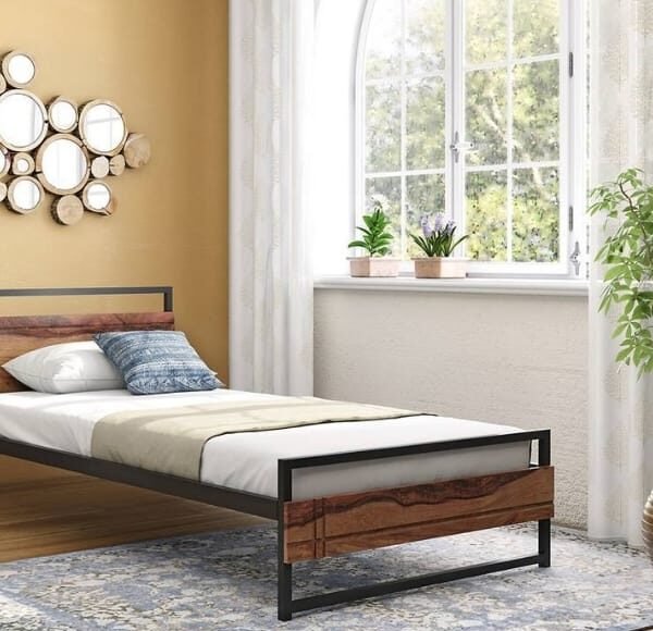 Veena Solid Wood Single Non Storage Bed in Teak Finish