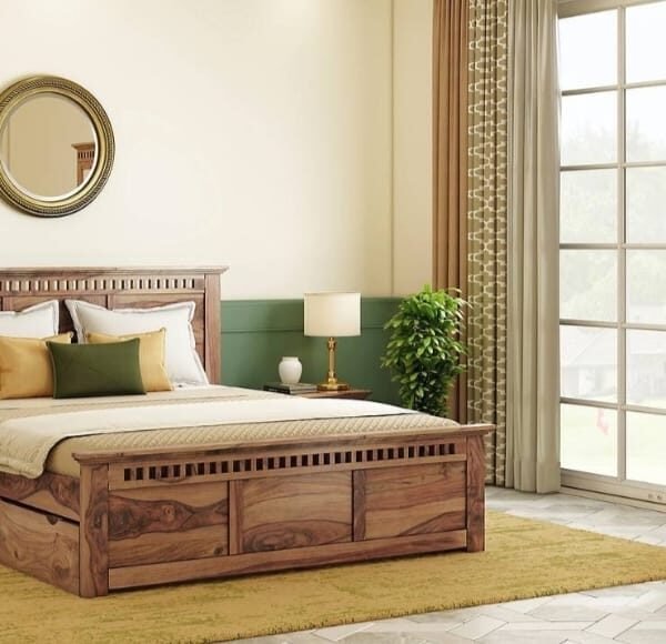 Angela Solid Wood Queen Size Drawer Storage Bed in Teak Finish