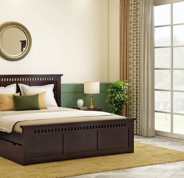 Angela Solid Wood Queen Size Drawer Storage Bed in Mahogany Finish