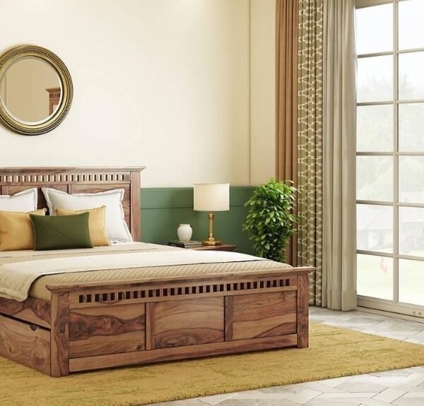 Angela Solid Wood King Size Drawer Storage Bed in Teak Finish