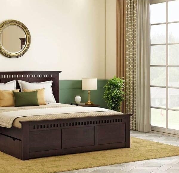 Angela Solid Wood King Size Drawer Storage Bed in Mahogany Finish