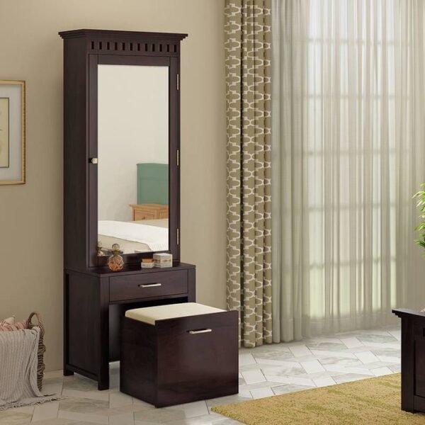 Angela Solid Wood Dressing Table (With Storage Stool) in Mahogany Finish